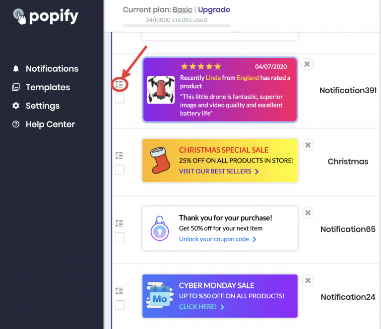 Screenshot from How to change the order of the notifications on my store?