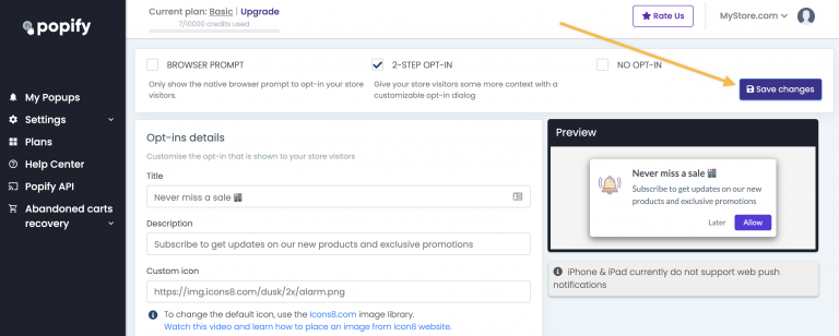 Screenshot from How to setup Abandoned Cart Recovery push notifications on your Wix store?