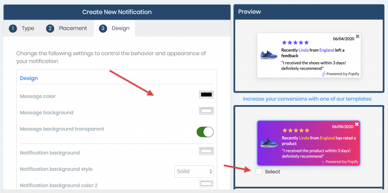 Screenshot from How to create a reviews notification with Popify?